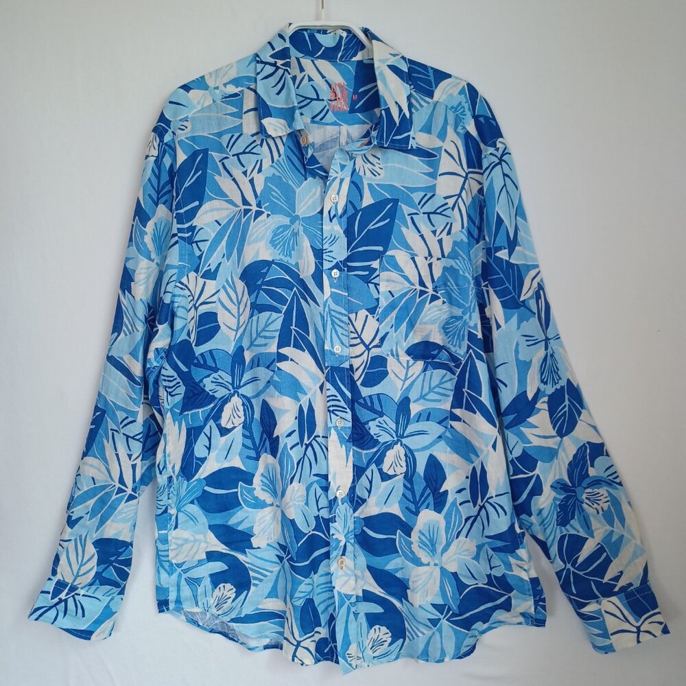 J McLaughlin Linen Shirt Mens Blue Tropical Print Long Sleeve Button Up Size Med - Picture 2 of 9